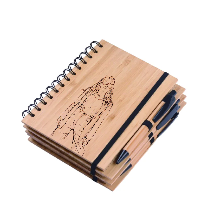 School Office Supplies Personal Journals Bamboo Notebook  Executive Note Book with Pen for Gift Set Schoolgirl Young Female