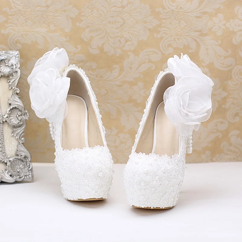 White Lace Floral Bridal Shoes Female Sandals Pearl Womens Block Heel for Ladies