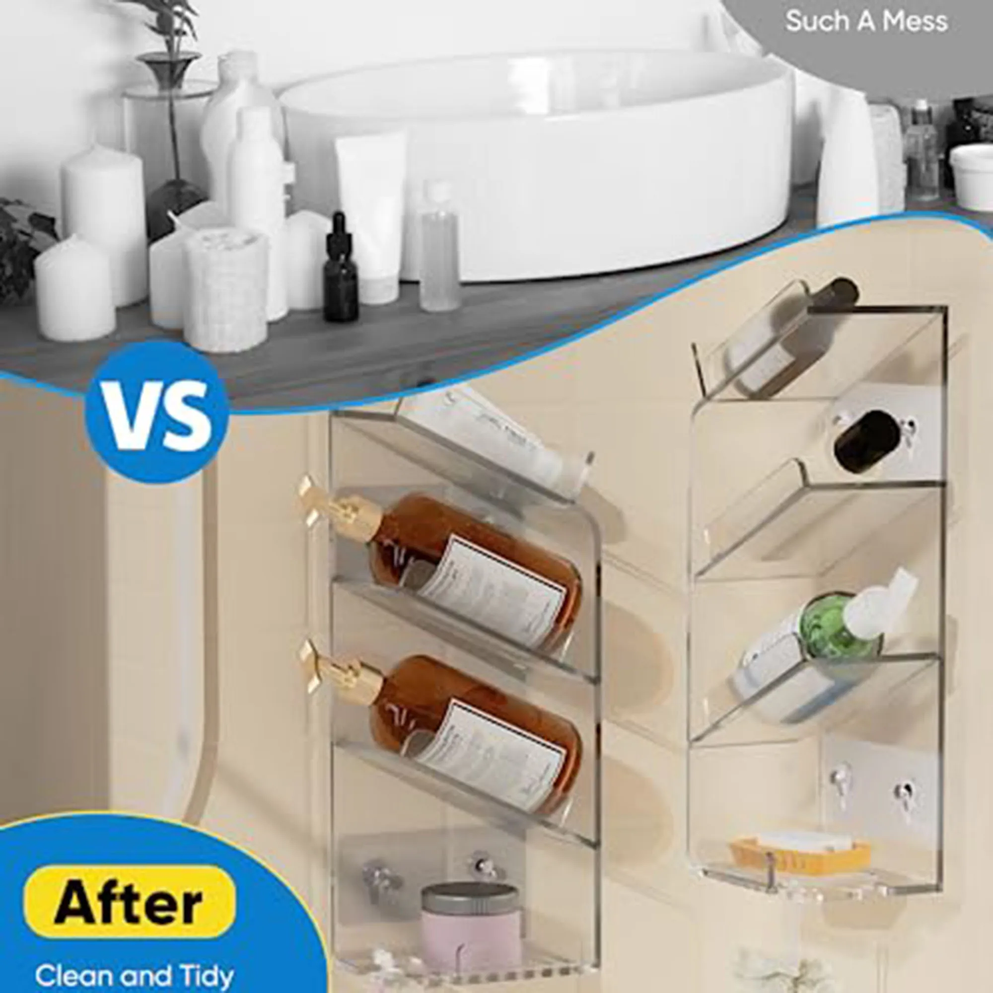 Clear Slanted Shampoo Holder for Shower Wall Mounted, Transparent Adhesive Shower Rack Bathroom Organizer, No Drilling