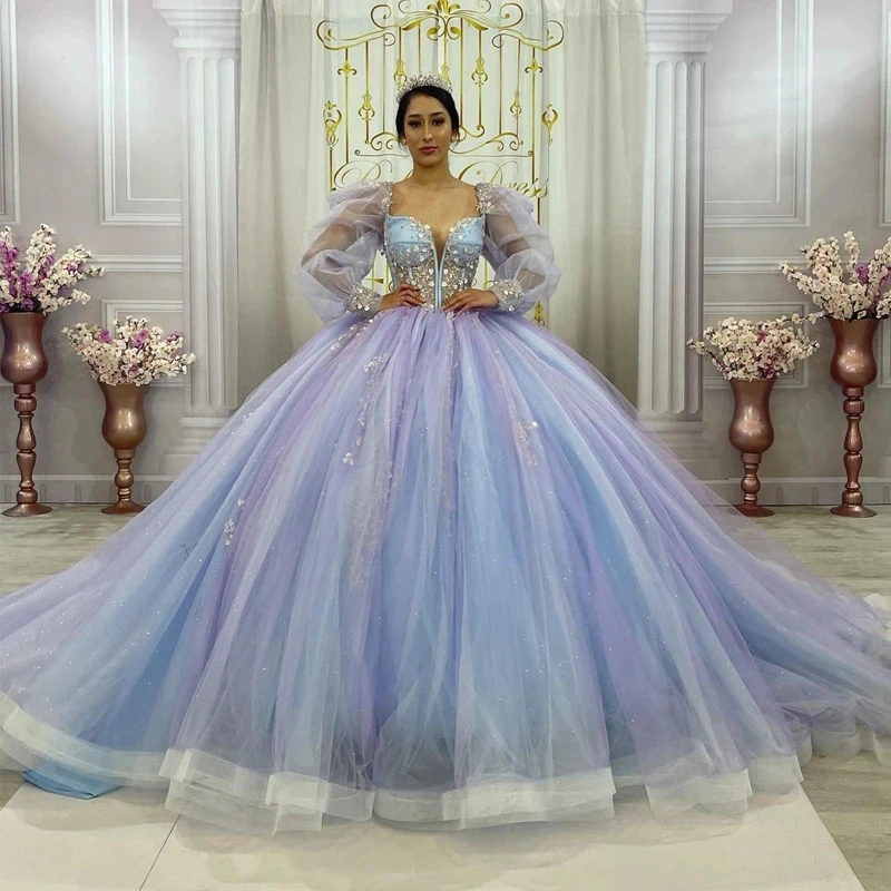 Кружевные платья для принцессы Mumuleo Quinceanera роскошные 2023 кружевные бусы милые пышные рукава со шнуровкой 16-17 вечерние выпускного вечера