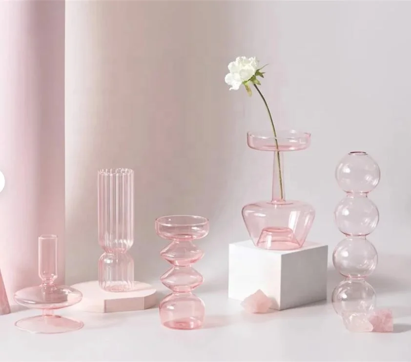 Оптовая продажа Розовая прозрачная цветная Маленькая стеклянная ваза для цветов