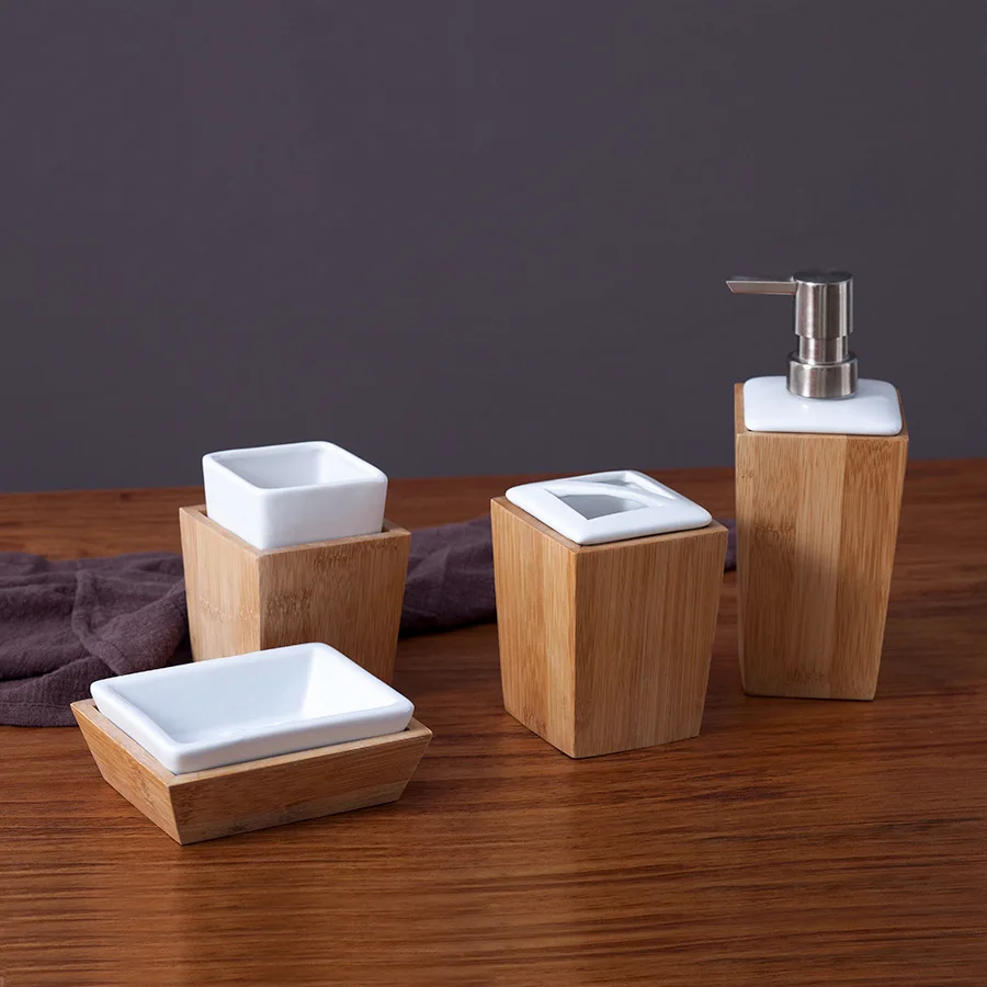 
4 Piece Bathroom Accessories Set, Ceramic and Natural Bamboo, Great for Any Bathroom Style 