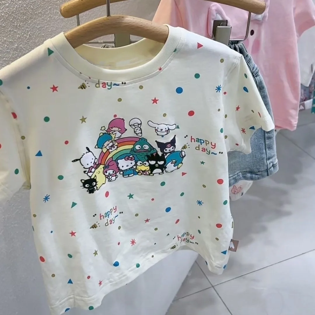 Ruunjoy 2024 summer new sanrioed Crew Neck T-Shirt kawaii anime melody kulomi fashion cotton casual short sleeve children tops