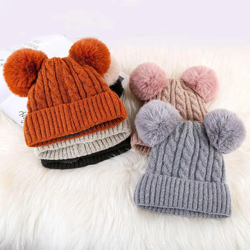 Women Lady Winter Hat Faux Fur Pom Pom Skull Cap Beanie Double Balls Warm Knitted Hat