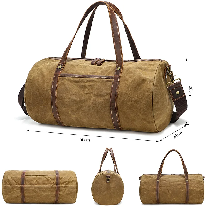 Oil Waxed Canvas Leather gym Sport Travel Bags Vintage Barrel Round Duffel Bag for Men Women