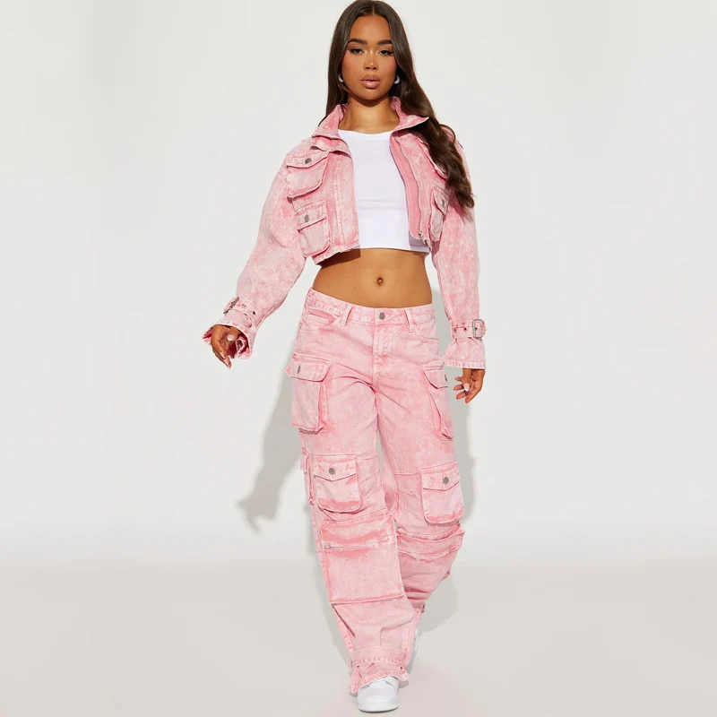 Custom Cropped Cargo Jacket and Baggy Jeans Two Pieces Outfits Street Women Denim Set