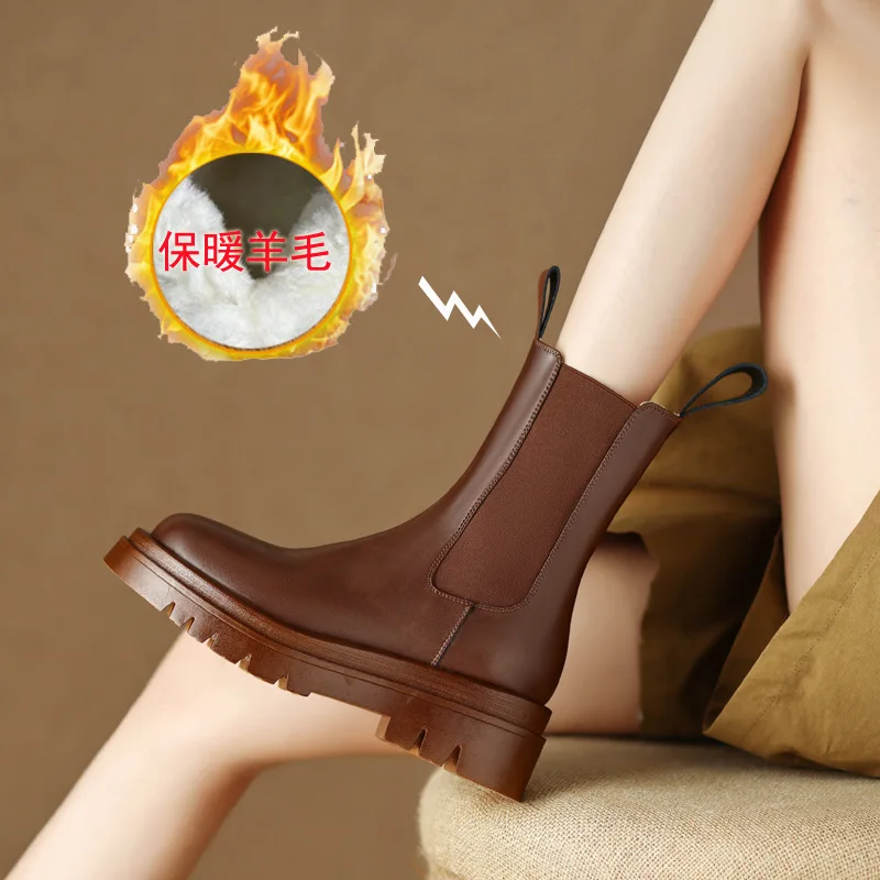 Warm thick wool smoke pipe boots mid heel thick bottom cowhide snow boots short boots for women classy leather boots