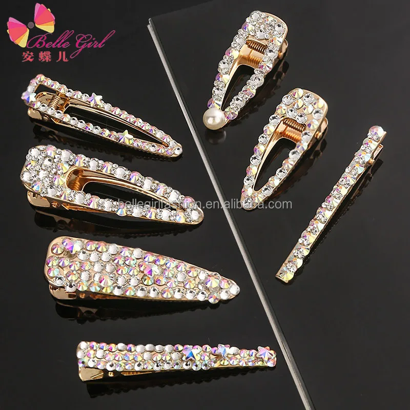 BELLEGIRL new design custom packaging hair accessories wholesale Korean women alloy rhinestone Gold plated bow spring hair clip