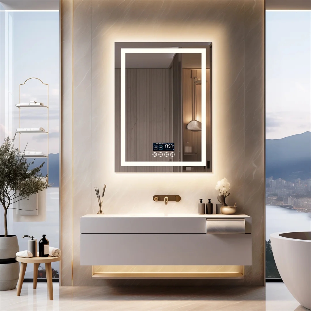 Bluetooth Bathroom Mirror Time Temperature Display Wall Hang Vanity Mirror with Dual Bluetooth Speaker Dimmable Anti-fog