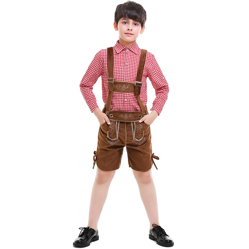 Germany Oktoberfest Costume for Kids Boys Plaid Shirt Suspender Shorts Bavarian Festival Party Games Clothes Carnival Costumes