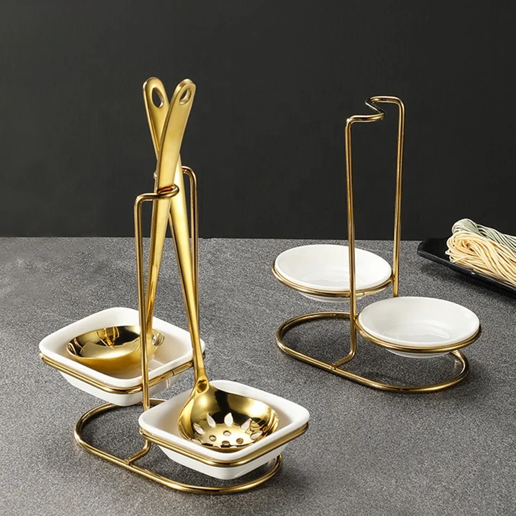 Wholesale Gold Stainless Steel Table Spoon Rack Metal Holder Silver Serving Kitchen Ladle Ceramic Spoon Rest