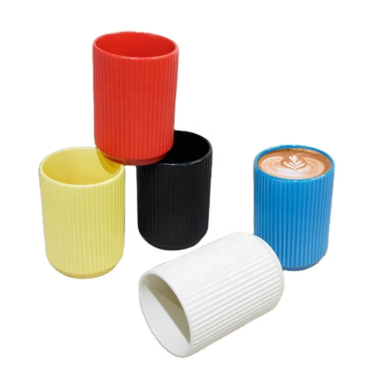 300ml Red Japanese Style Ribbed Ceramic Cup for Back to School with Beautiful Japandi Design Set Of 4