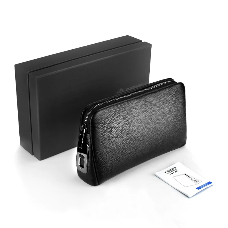 Fipilock smart mens purse wallet clutch bag waterproof cow genuine leather anti theft fingerprint lock handbag