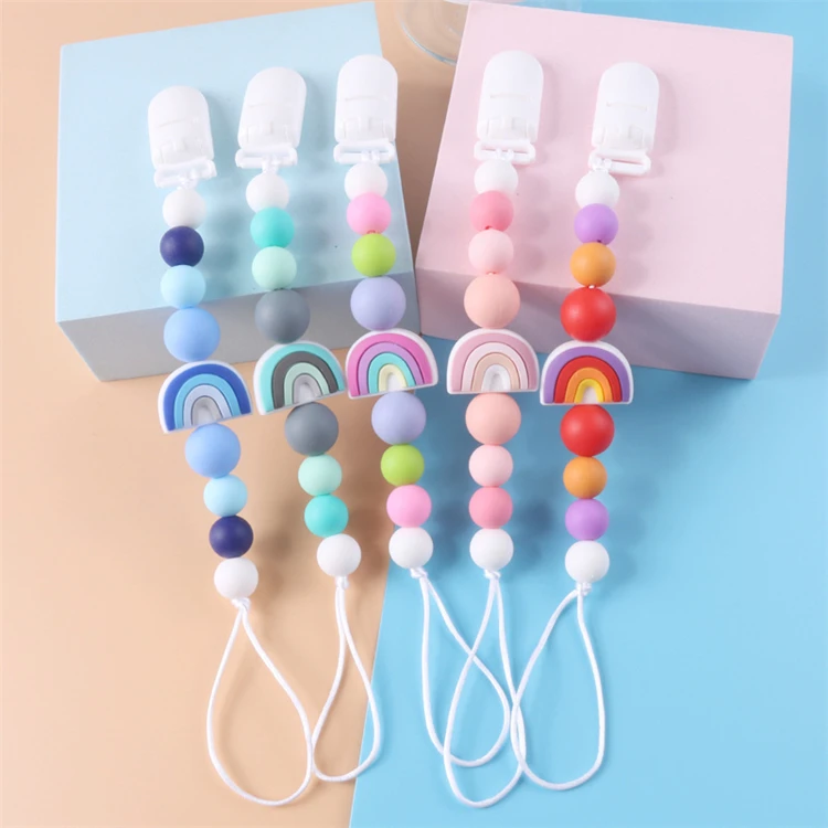 Infant Toddler Baby Teether Pacifier Clip Chain Silicone Beads Rainbow Pacifier Silicone Chain beads rainbow teether