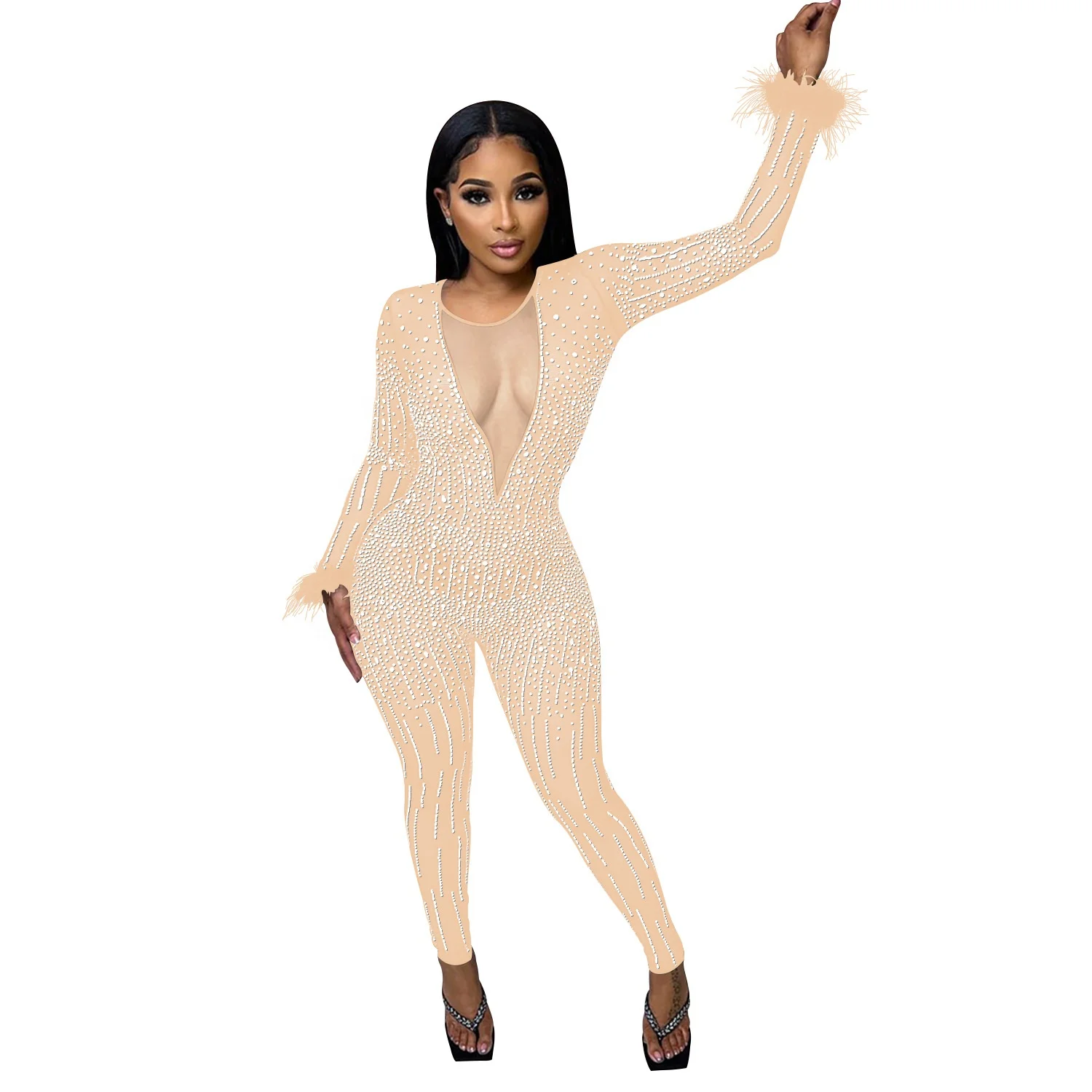 New Arrival Women Sexy Feather Long Sleeve See Through Rhinestone Bodycon Jumpsuit Sheer Mesh Skinny Night Club Party Rompers