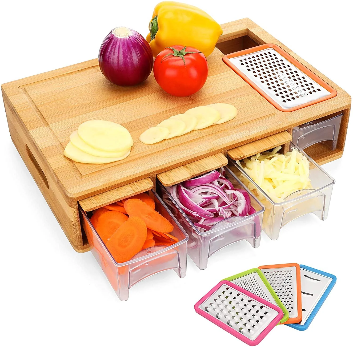 Top selling wood chop cut board with drawers tray grater organic bamboo cutting board with containers