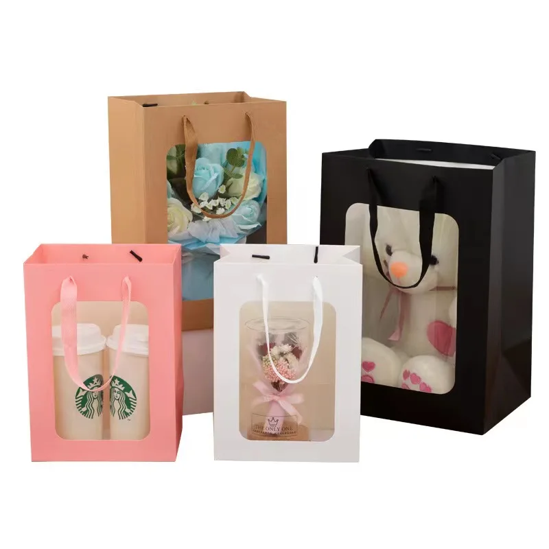 Custom hot sale see through doll gift box packaging bag wedding gift flower kraft paper bag with ribbon handles