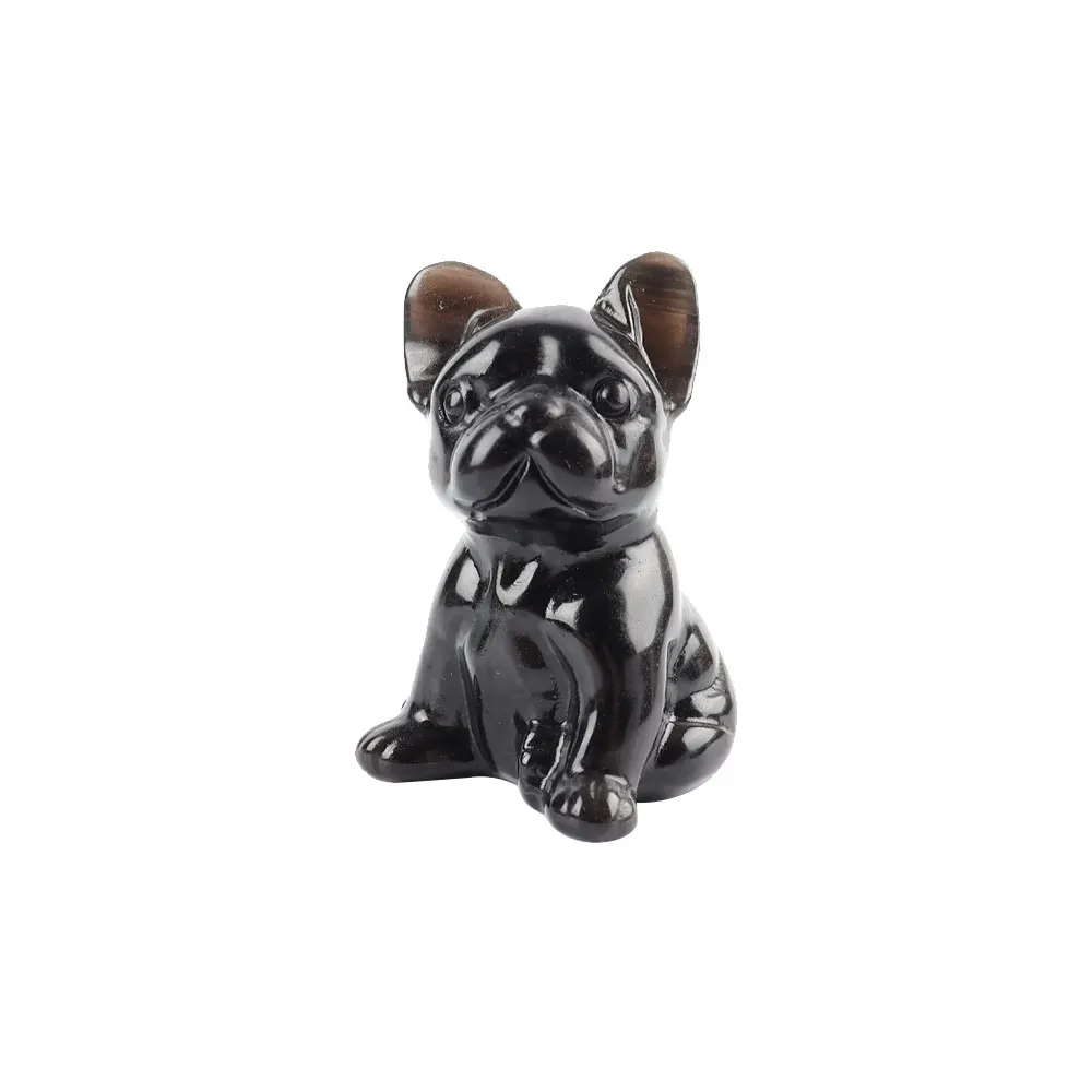 Hand Carved Silver Obsidian Bull Dog Crystal Carving Folk Crafts for Gifts