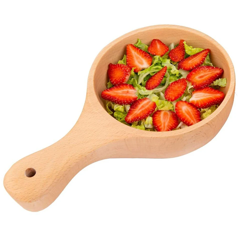 Wooden Bowl with Handle,Wooden Salad,Pasta,Fruit,Soup,Snack,Rice Cereal Nut Cookies Serving Bowl