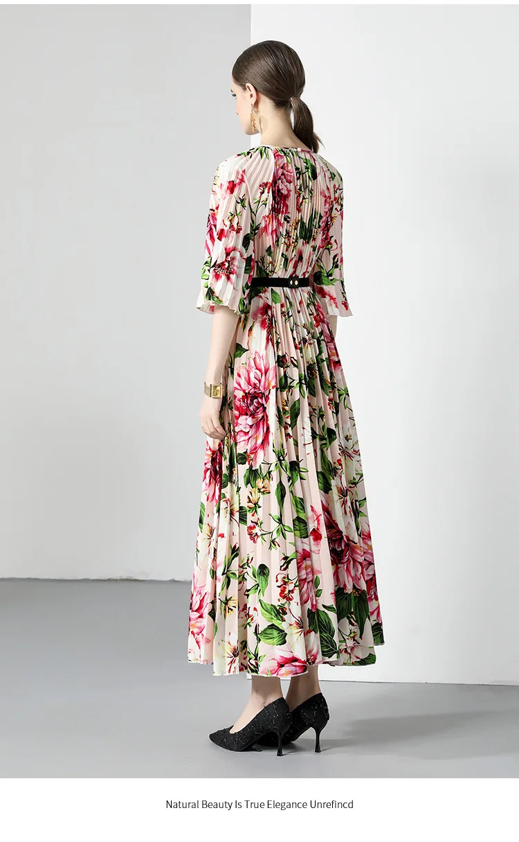 Women Fashion Elegant Dress Crew Neck Floral Print Ruffle Ruched Smart Casual Dresses Long