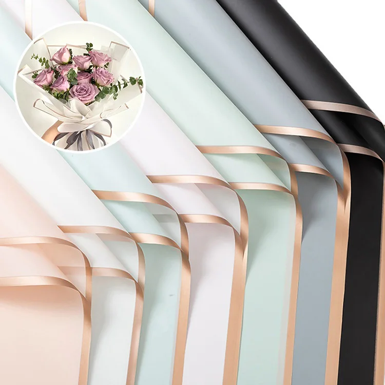 20 sheets per bag Golden edge single Side Waterproof Bouquet Packing Paper waterproof florist plastic wrapping paper for flower