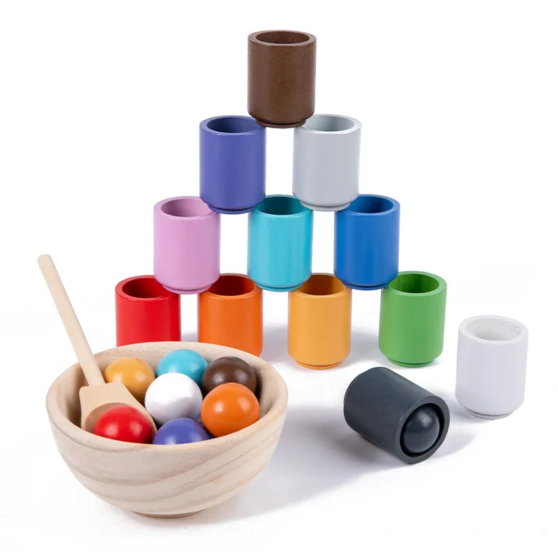Wooden Rainbow Toy Balls Clip Color Sorting and Counting toys Balls in Cups Large Montessori Toy Wooden Sorter Game 12 Balls