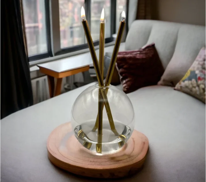 C&H Never Ending Candle Clear Globe Glass Jar with Gold Rods Set