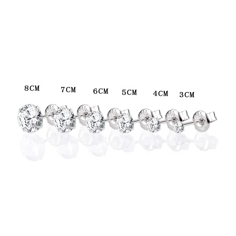 Cubic Zirconia 3mm 4mm 5mm 6mm 7mm 8mm Silver Earring Set Hypoallergenic Round Shape Diamond Rhodium Plated Stud Earrings