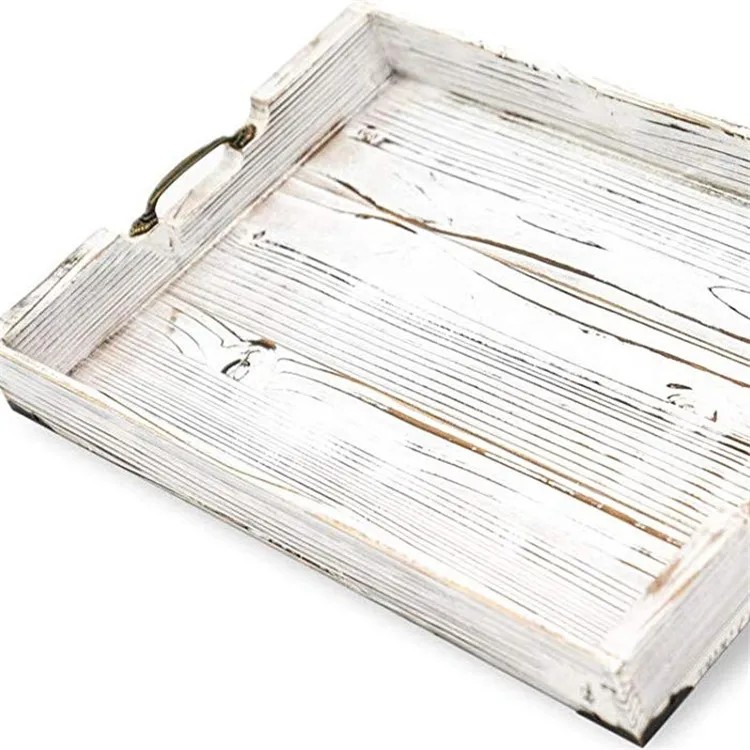 Distressed White Farmhouse Durable Solid Pine Wood Serving Trays and Platters