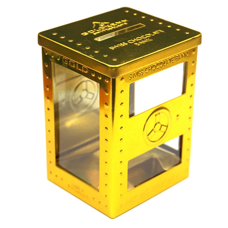Beautiful Golden Big Rectangle Packaging Gift Tin Box Metal Money Saving Box PVC with Transparent Tinplate Gift & Craft CN;GUA