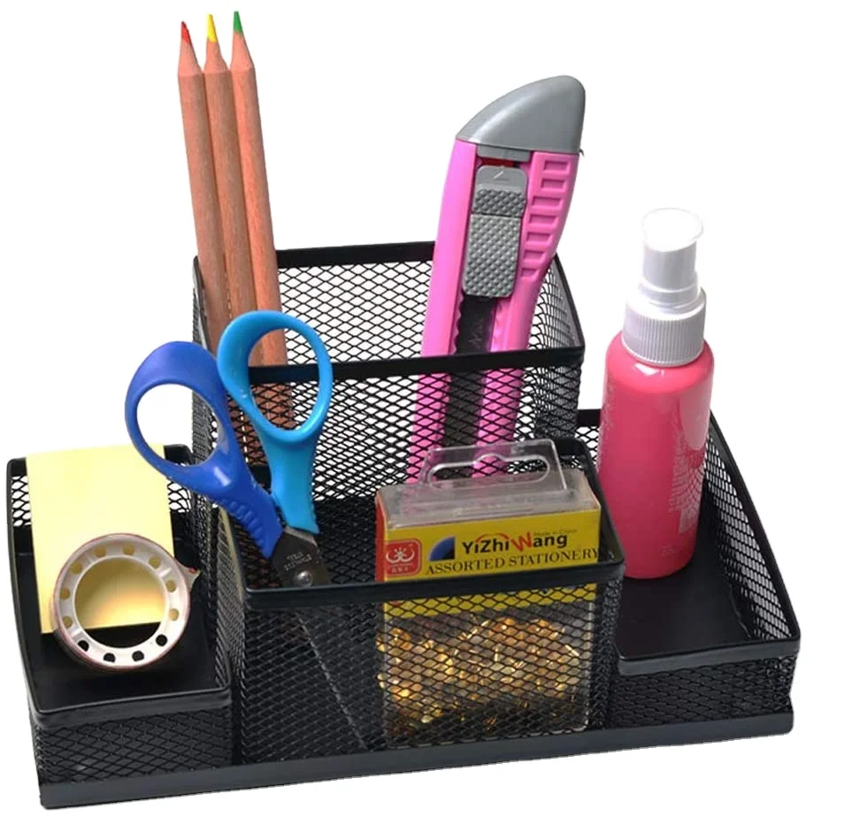 Mesh Style Office Desk with 4 Compartments and Stationery Holder Metal Mesh Pen Organizer Set