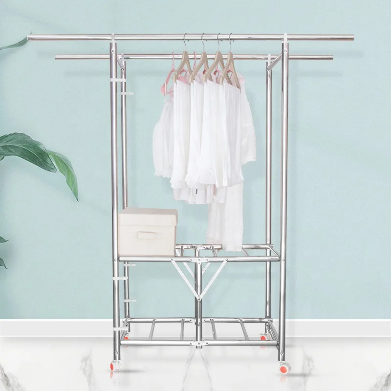Free Of Installation Floor Standing Folding Stainless Steel Clothes Drying Pole Rack With Universal Wheels