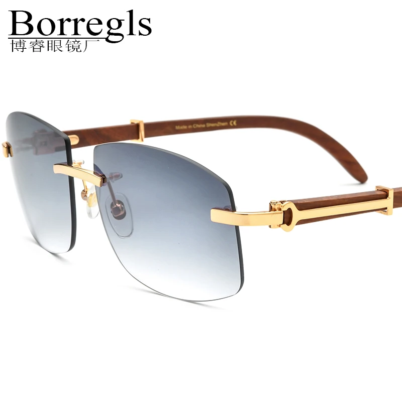 Borregls Rimless Square Wood Sunglasses Women Luxury Eyewear Frameless Sun Glasses for Men with Nylon Lens 150259