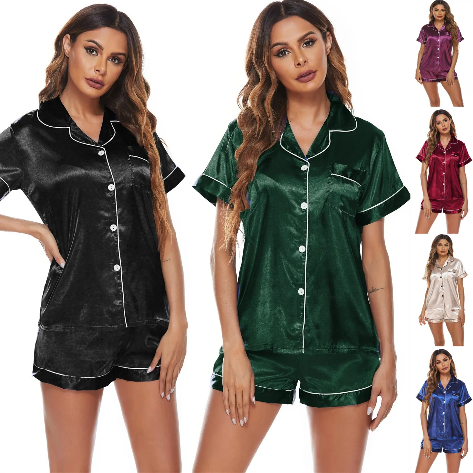 Wholesale Solid Candy Color Silk Satin Thin Sleepwear Casual Pajama Set Woman Short Sleeve Silk Plus Size Pajama Set for Woman