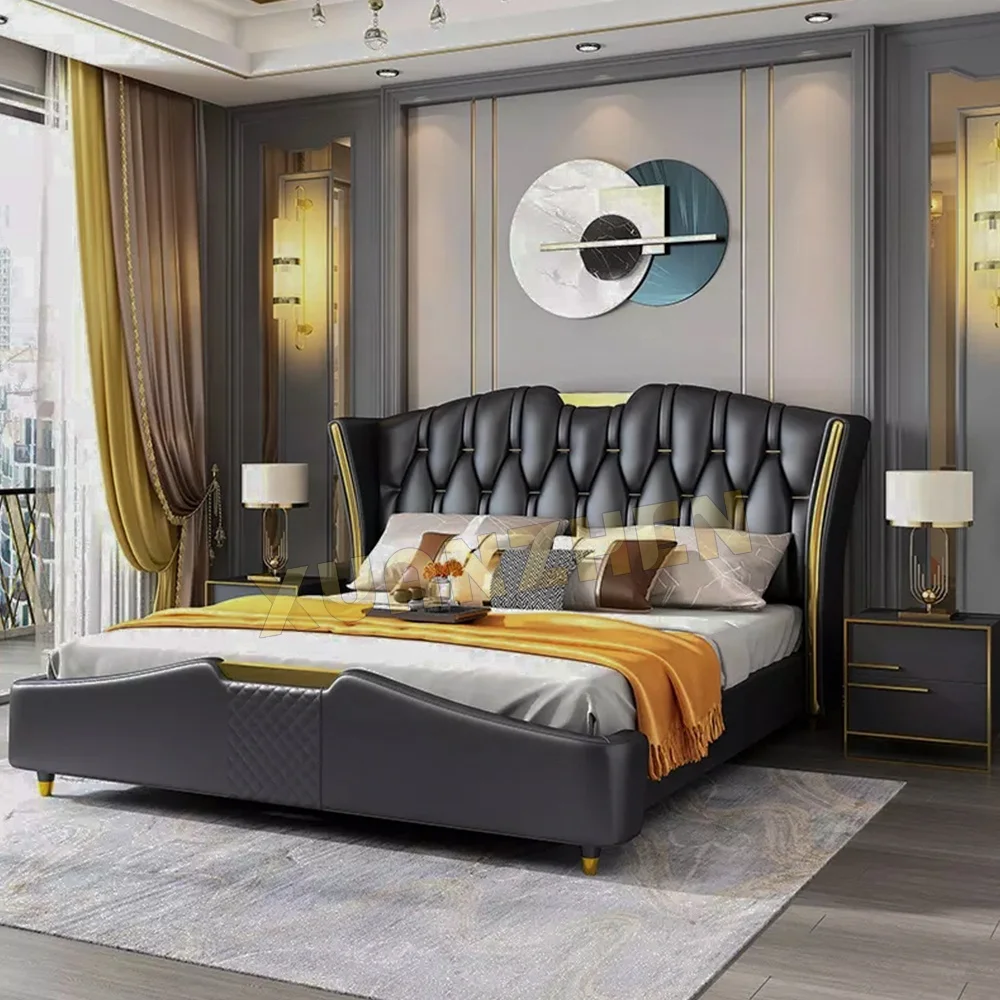 Bedroom furniture queen size luxury leather bed set royal design beautiful golden bed frame metal modern beds Y-X07