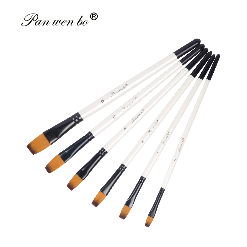 6pcs Pearl White Barrel Nylon Oil Brush Round Flat Hair Shape With Wood Handle Painting Brush Wholesale
