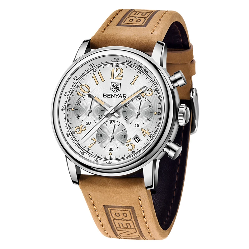 New Watches Men Luxury Brand BENYAR Chronograph Men Sport Watches High Quality Leather Strap Quartz Wristwatch Relogio Masculino