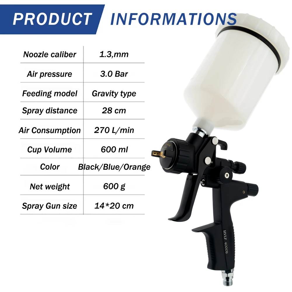 High Quality 4000B HVLP Spray Gun For Cars 1.3/1.8mm Nozzle Forged gun body + anodizing