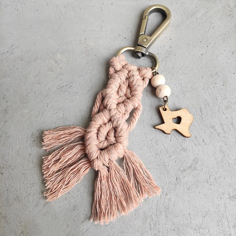 Hot Sale Boho Handmade Woven Cotton Tassel Macrame Keychain Wooden Beads Cross Cactus Texas Map Shape Pendant Keychain
