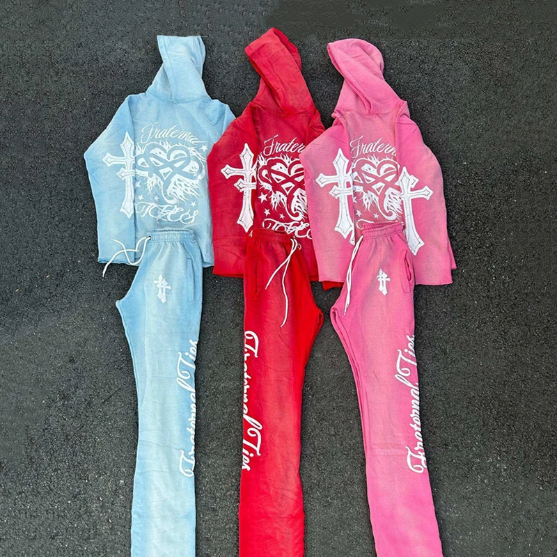 Custom Two Piece Set Vintage Hoodie And Sweatpants Jogger Screen Printing Dtg Sweat Suit Sun faded Acid Wash Men Tracksuit