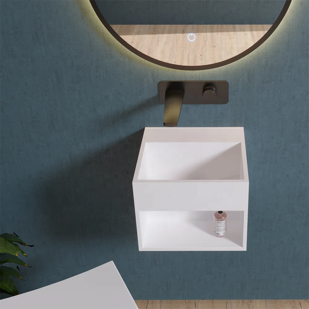 Small Rectangular Stone Resin Wall-Hung Sink Polished Hand Wash Basin with Towel Holes Wall Mounted Bathroom Accessory Drainer