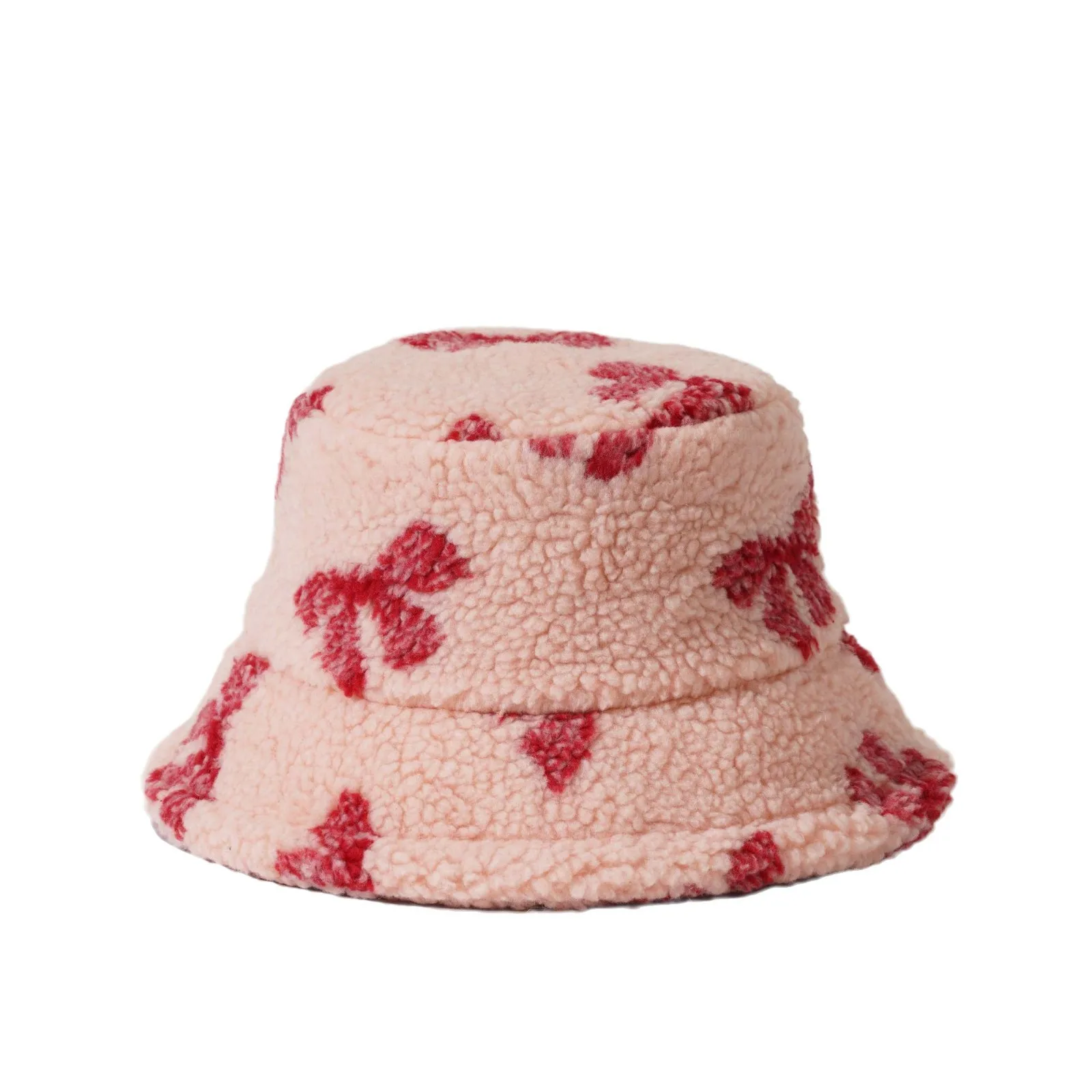 Designer Bow Pattern Printed Custom Fuzzy Bucket Hat Girls Hats Fashion Winter Wide Brim Faux Fur Bucket Hats For Women