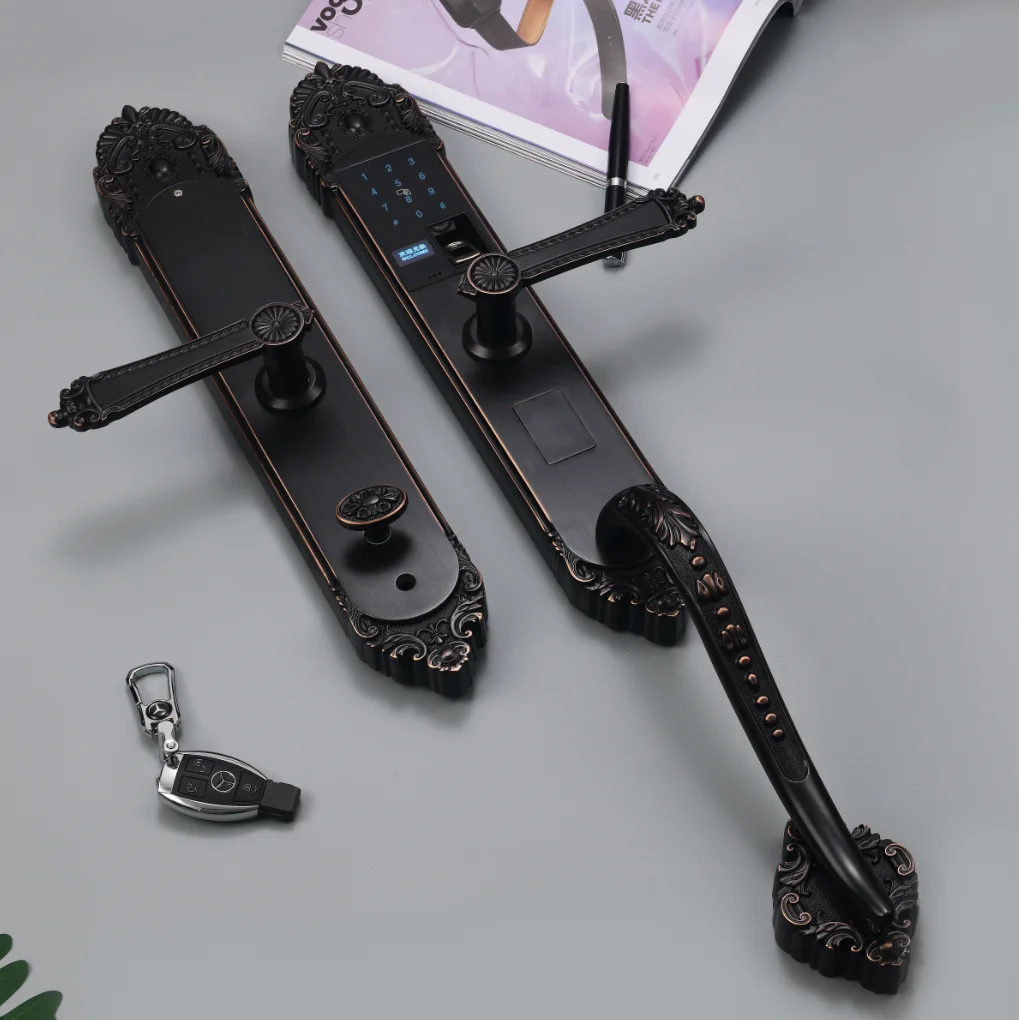 Однотонный кованый смарт-замок для двери из чистой меди с отпечатком пальца, античная латунь с ручкой, набор винтажных роскошных моделей