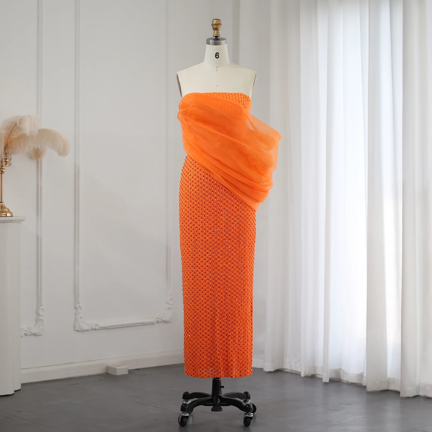 Orange One Shoulder Dubai Luxury Evening Dress For Wedding Arabic Women Elegant Ankle Length Formal Party Gown Sf011-2