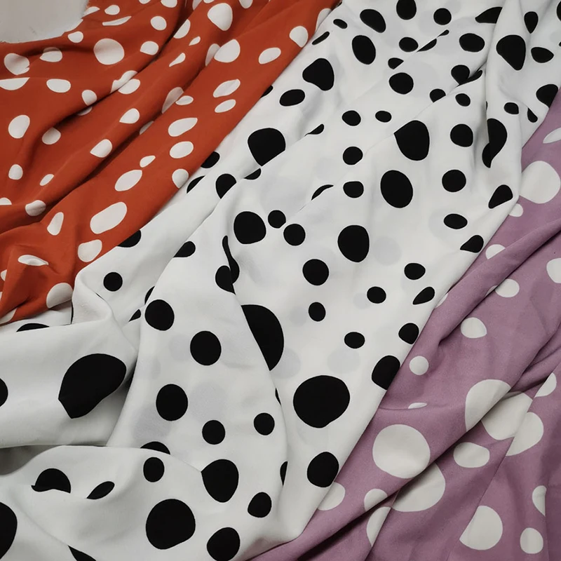 Soft Black Irregular Polka Dot Printed Chiffon Fabric for Dress Shirts by the Meter, White, Pink, Green and Purple