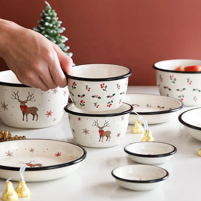 Vintage Tableware Ceramic Dinnerware Sets Christmas Bowl Ramen Deer Cute Dishes Ceramic