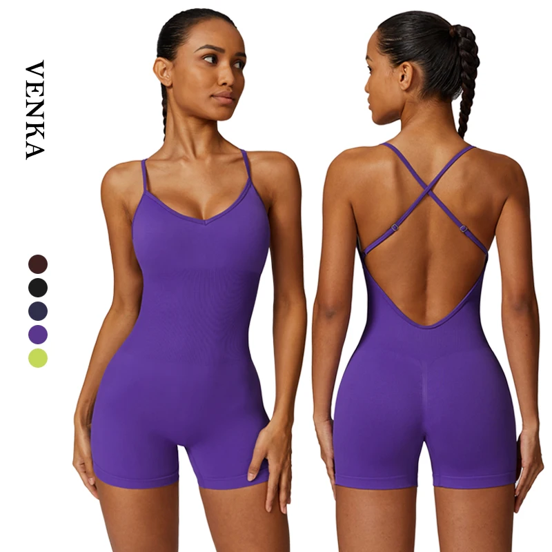 Female Sleeveless Bodysuit Hollow Cross Back Knitted Romper Gym Fitness Seamless Sportswear Scrunch Butt Yoga Shorts Jumpsuits