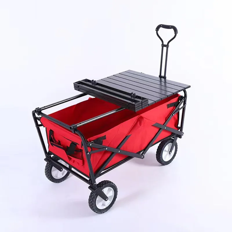 Folding Wagon With Aluminium Table Top Four Wheels Adjustable Handle And Suitable All Terrain Outdoor Cam Garden