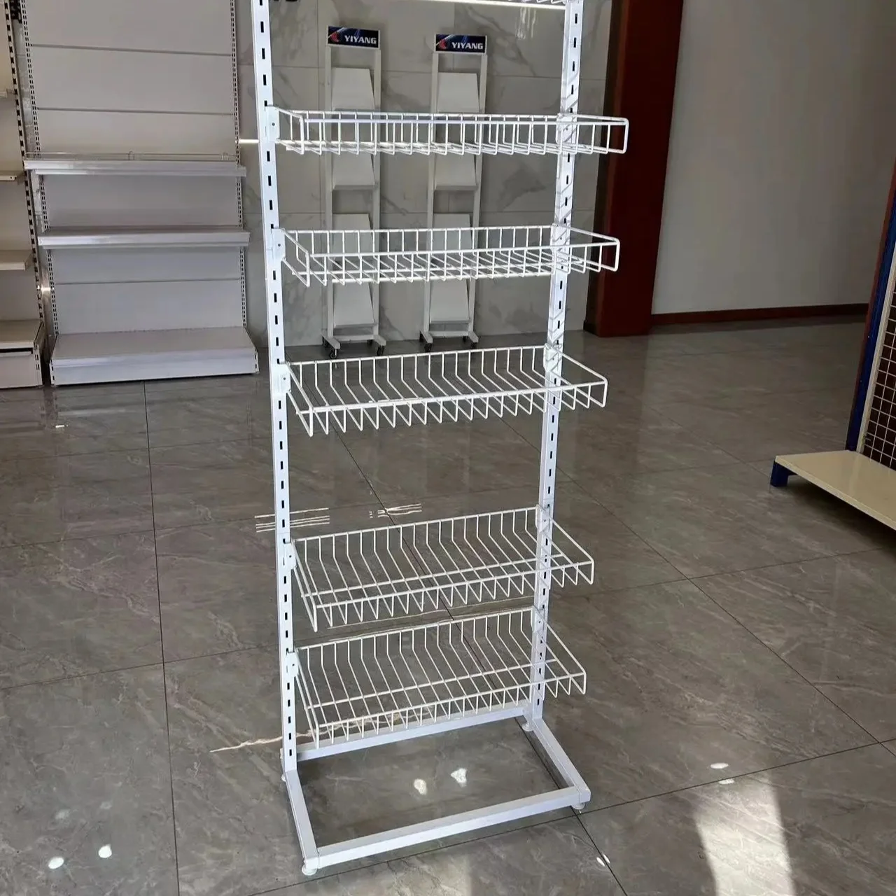 Supermarket metal display wire mesh basket stands metal shelf wire cage shelf