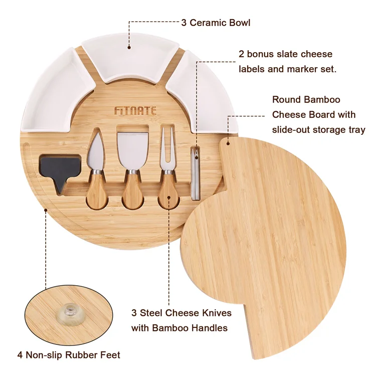 Rotatable Round bamboo Cheese Cutting Board set with knives Ceramic Plate
